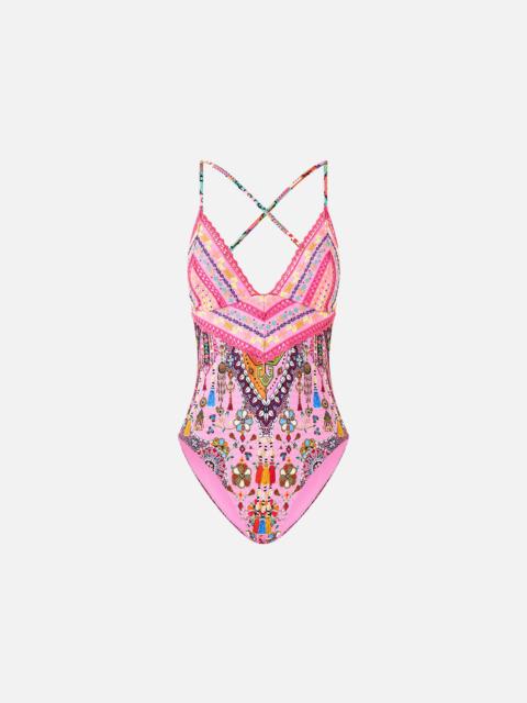 CAMILLA EMBROIDERED TRI ONE PIECE W TIE BACK