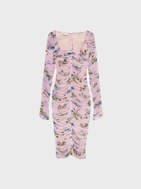 Blumarine PRINTED TULLE MIDI DRESS WITH GATHERING