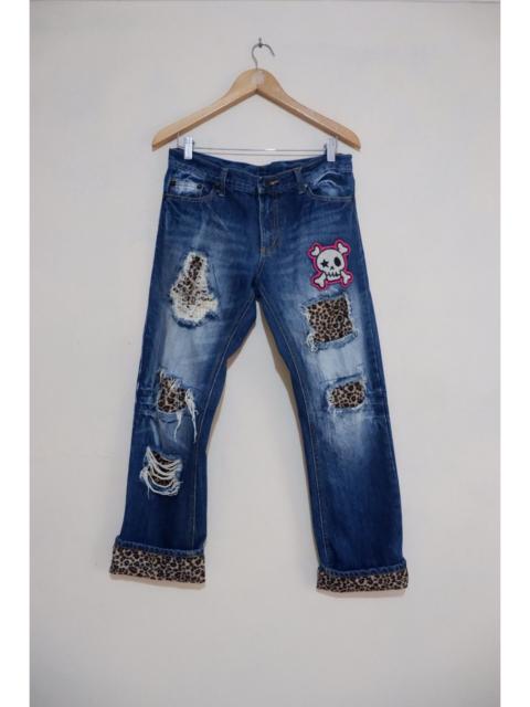 Hysteric Glamour Vintage Distressed Patchwork Leopard Denim