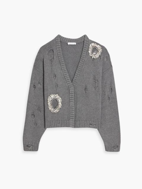 AREA Distressed crystal-embellished cotton and cashmere-blend cardigan