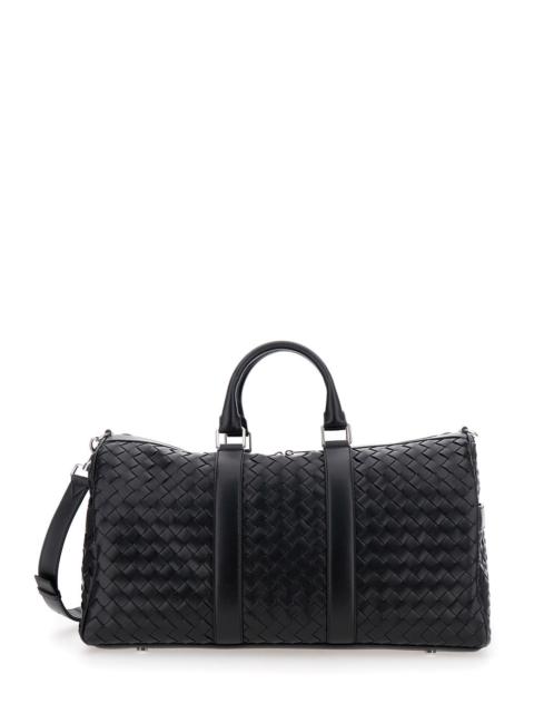 Bottega Veneta Bottega Veneta Men Black Travel Bag With Intrecciato Motif And Shoulder Strap In Leather Man