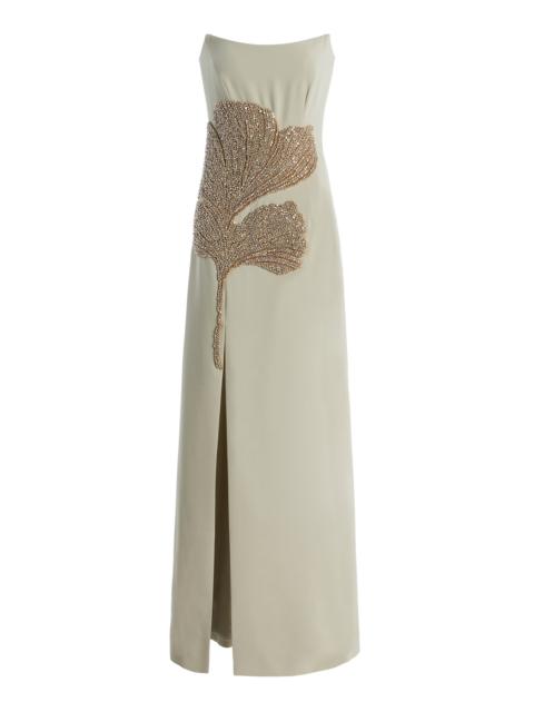 COSTARELLOS Faranna Crystal-Appliquéd Crepe Gown green