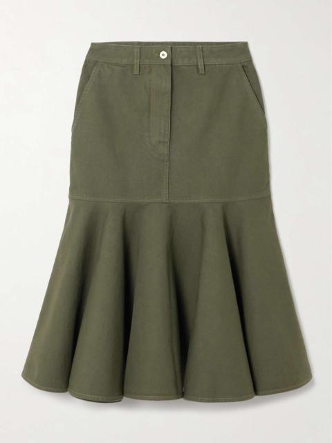 Ruffled leather-trimmed cotton-twill midi skirt Army green