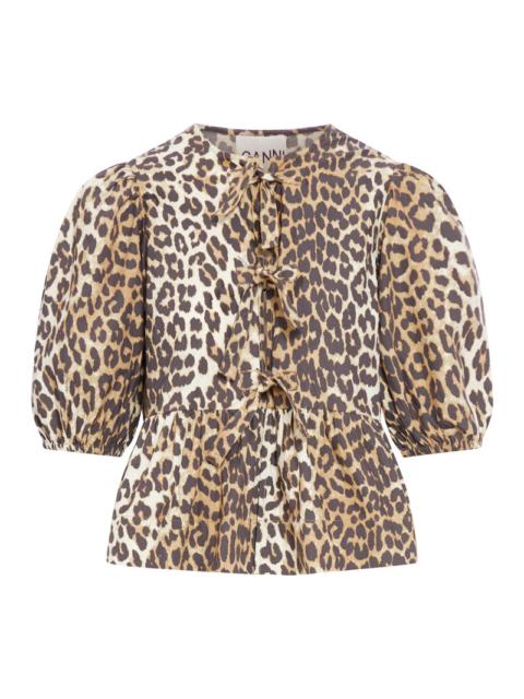 GANNI Ganni Women Leopard Cotton Poplin Peplum Tie Blouse