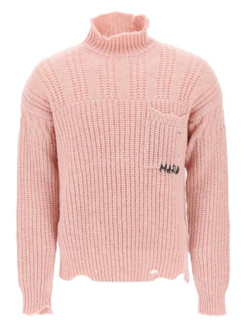 Marni Funnel Neck Sweater In Destroyed Effect Wool