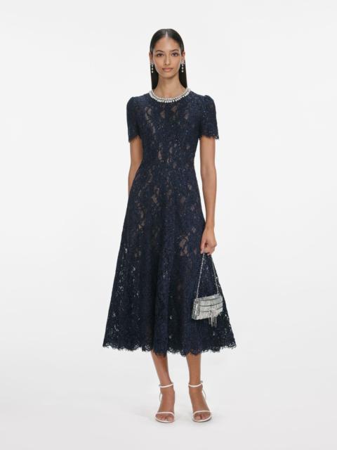 self-portrait Navy Lace Embellished Midi Dress