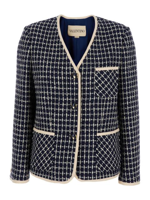 Valentino Women Blue Jacket With V Neck And All-Over Check Motif In Wool Blend Woman