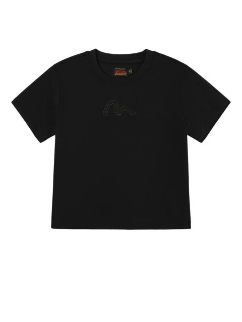 EVISU Slogan Embroidery and High-heeled Seagull Slim Fit T-Shirt