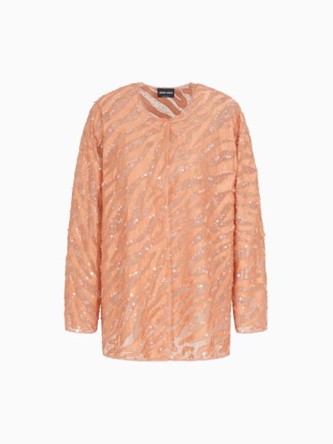 GIORGIO ARMANI ORGANZA SHIRT WITH ANIMAL SKIN MOTIF EMBROIDERY