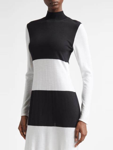 FERRAGAMO FERRAGAMO Colorblock Long Sleeve Virgin Wool Sweater Dress in White/Black at Nordstrom