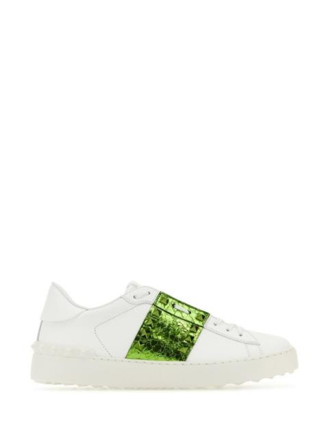 Valentino Garavani Woman White Leather Rockstud Untitled Sneakers With Grass Green Band