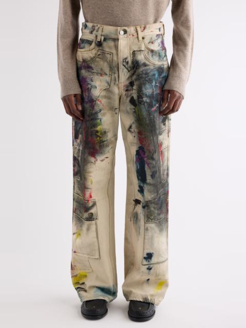 Acne Studios Acne Studios 1981 Paint Print Trompe l'Oeil Wide Leg Jeans in White/Multi at Nordstrom