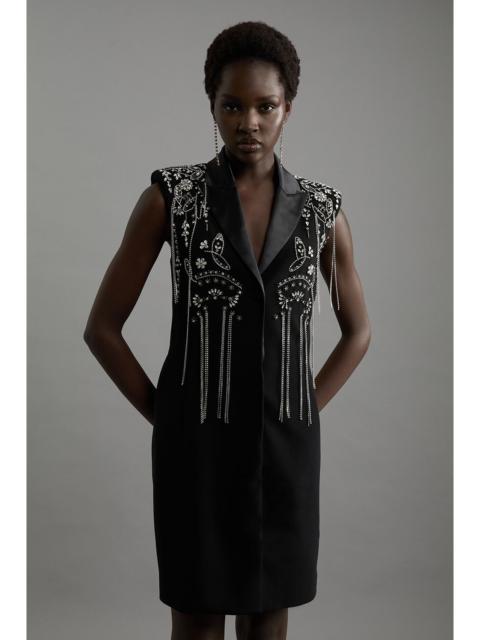 KAREN MILLEN Embellished Detail Plunge Collar Woven Mini Dress