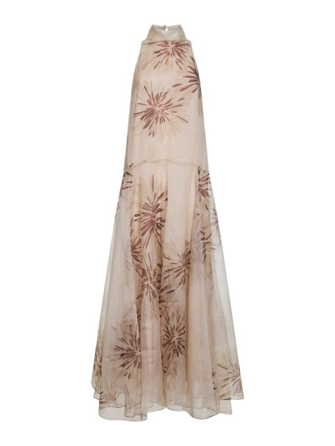 Brunello Cucinelli Brunello Cucinelli Women Beige Silk Bloom Print Organza Dress With Monili