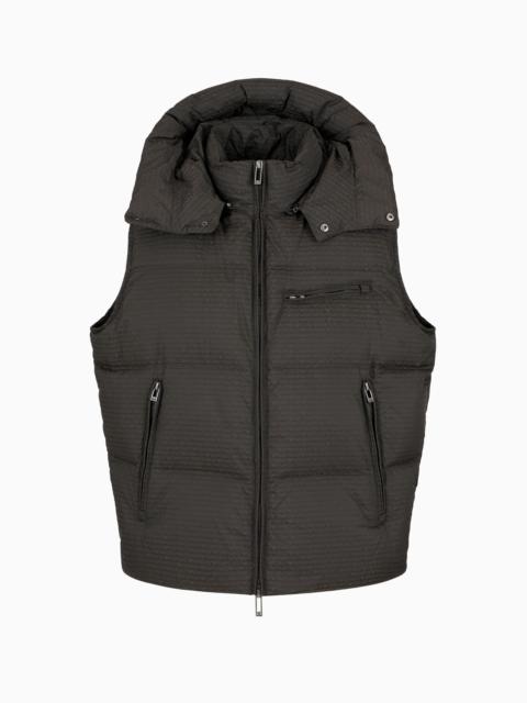 EMPORIO ARMANI Zipped, hooded sleeveless down jacket in jacquard nylon with all-over logo lettering
