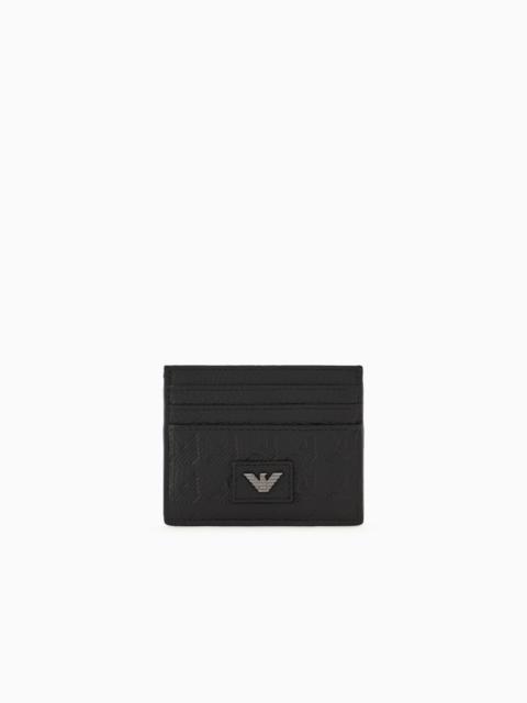 EMPORIO ARMANI LEATHER CARD HOLDER WITH ALL-OVER EMBOSSED EAGLE