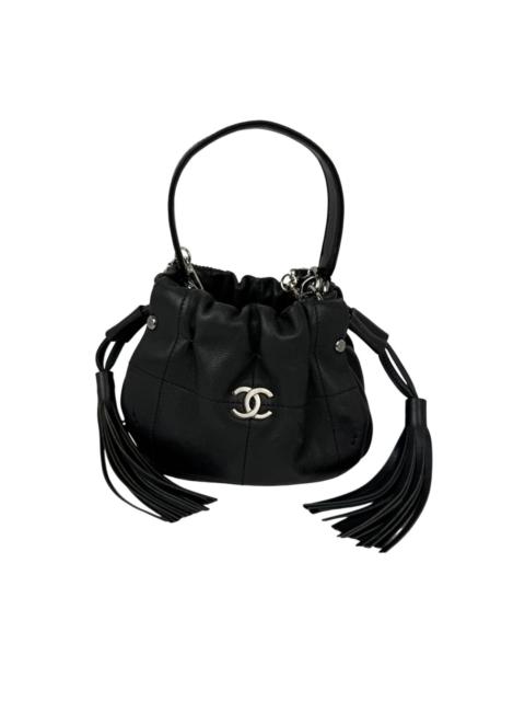 CHANEL Chanel Vintage Small Lambskin Stitched Chocolate Bar Chain Fringe Hobo Black Bag
