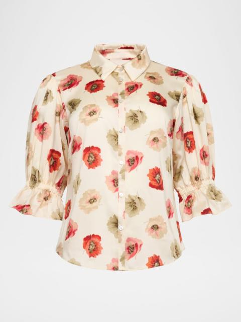 Cinq à Sept Floating Poppies Puff-Sleeve Silk Shirt
