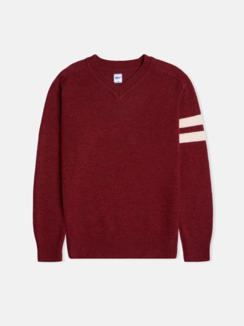 J. PRESS BURGUNDY WOOL SLEEVE STRIPE V-NECK SWEATER - TRIM FIT