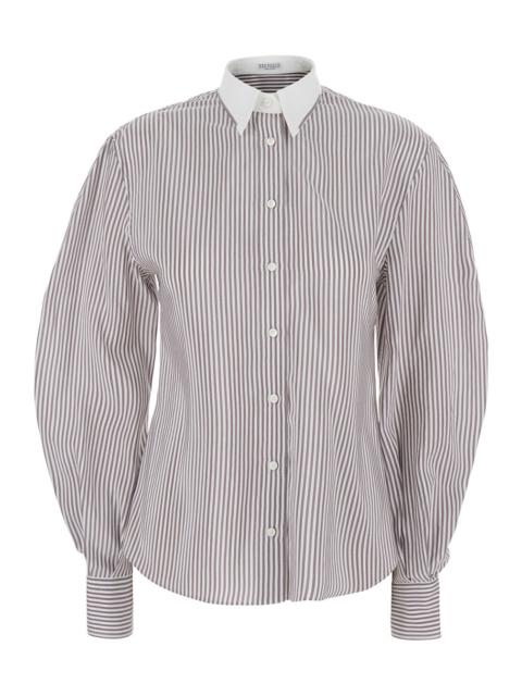 Brunello Cucinelli Brunello Cucinelli Women Brown Shirt With All-Over Stripe Motif And Balloon Sleeves In Silk For Wome
