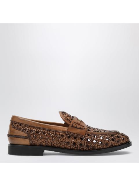 Miu Miu Miu Miu Cognac-Colored Woven Leather Penny Loafers Women