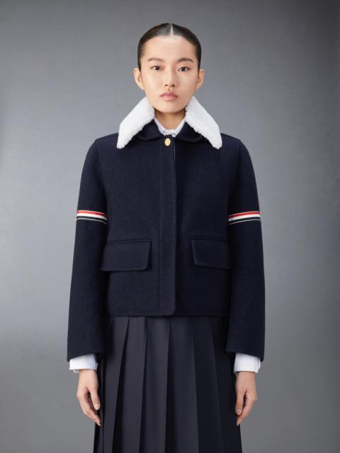 Thom Browne Wool Cashmere Armband Bell Sleeve Jacket With Shearling Collar