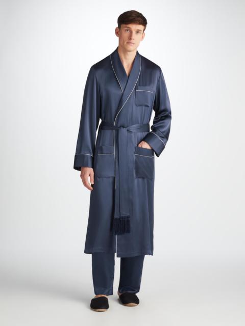 Derek Rose Men's Dressing Gown Bailey Silk Satin Navy