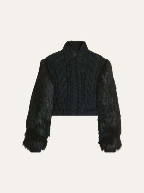 Faux Fur Sleeve Cable Wool Varsity Jacket