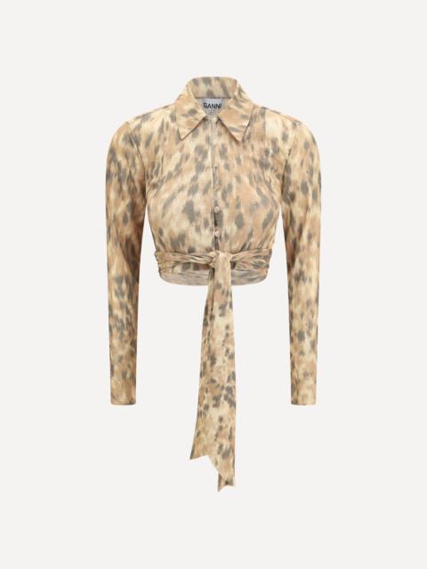 GANNI Printed marl mesh tie Blouse