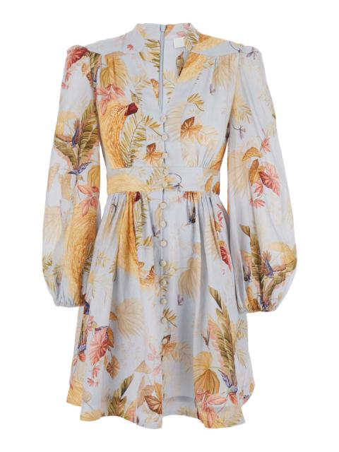 Zimmermann Women 'Ascension' Light Blue Mini Dress With Flared Skirt And All-Over Print In Linen Wom