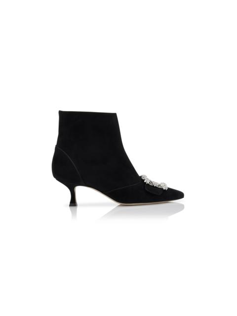 Manolo Blahnik Black Suede Crystal Buckle Ankle Boots