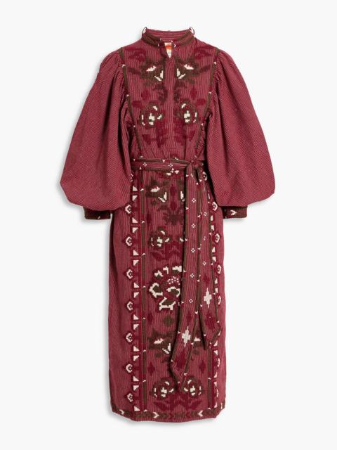 FARM RIO Embroidered striped cotton and linen-blend midi dress