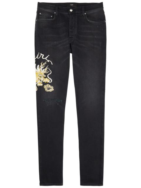 AMIRI Amiri Dragon Repair Embroidered Slim-leg Jeans