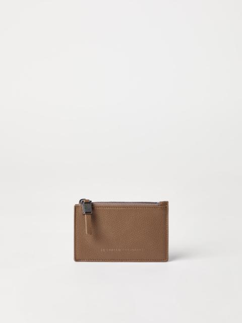 Brunello Cucinelli Grained leather card case with shiny zipper pull