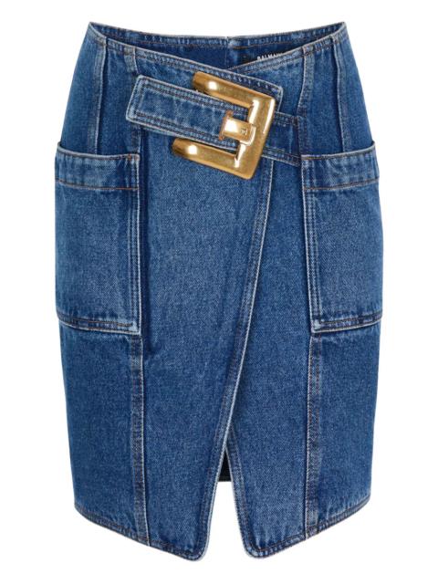 Balmain Belted Dark Blue Denim Knee Length Skirt