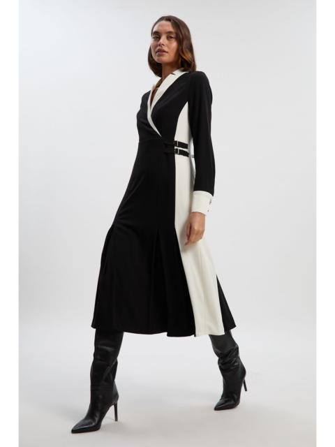 KAREN MILLEN Tailored Crepe Buckle Waist Midi Shirt Dress
