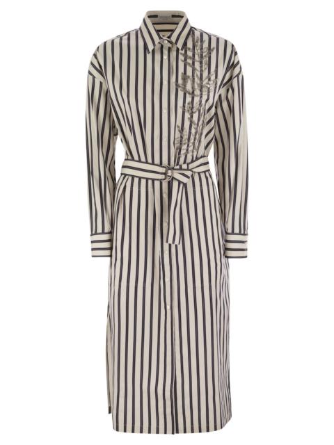 Brunello Cucinelli Brunello Cucinelli Women Regimental Cotton-Silk Poplin Dress With Glistening Herbarium Embroidery