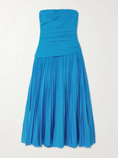 Arie strapless gathered pleated cotton-blend poplin midi dress Blue