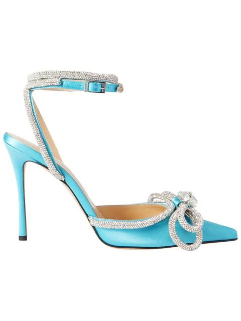 MACH & MACH Women Blue Double Bow Crystal-embellished Silk-satin Point-toe Pumps