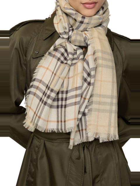 Burberry burberry Wide EKD Check Wool & Silk Fringe Scarf in Pebble White at Nordstrom