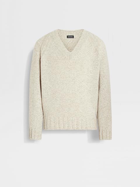 ZEGNA LIGHT TAUPE AND WHITE MÉLANGE CASHMERE AND WOOL V-NECK