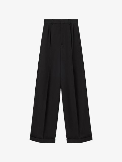 Pleated wide-leg mid-rise cotton-blend trousers