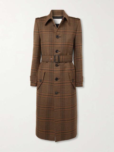 Belted checked wool trench coat Brown