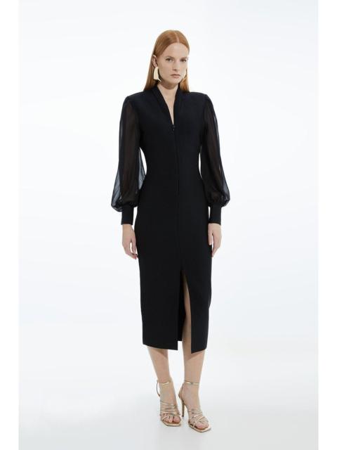KAREN MILLEN Bandage Figure Form Zip Detail Chiffon Sleeve Knit Dress