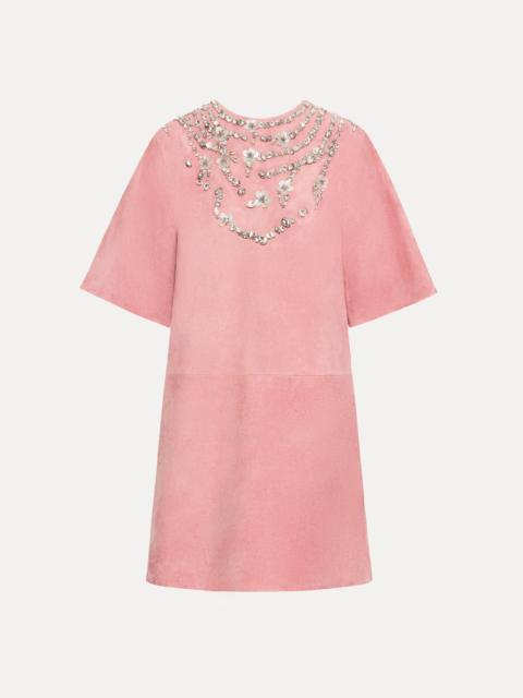 Oscar de la Renta CRYSTAL NECKLACE EMBROIDERED SUEDE DRESS