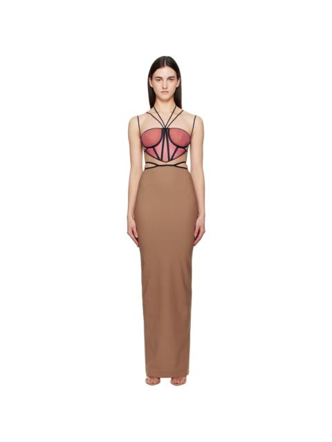 NENSI DOJAKA Tan & Pink Leila Signature Corset Maxi Dress