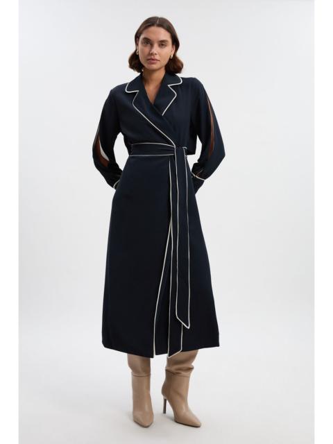 KAREN MILLEN Contrast Tipping Tie Waist Long Sleeve Woven Trench Midi Dress