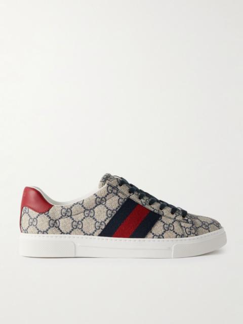 GUCCI Ace Leather and Webbing-Trimmed Monogrammed Canvas Sneakers Beige