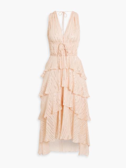 maje Ruffled metallic silk-blend crepon midi dress