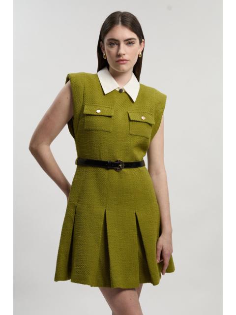 KAREN MILLEN Textured Tweed Contrast Collar Pleated Tailored Mini Dress